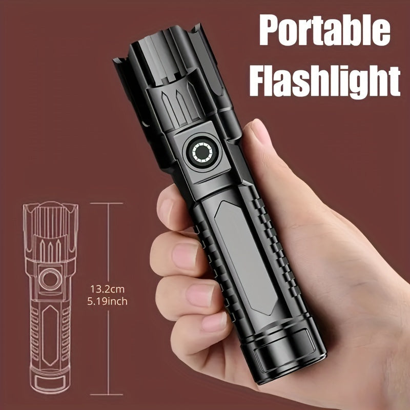 Linterna táctica LED de alto lumen con zoom ajustable y 3 modos de luz. Recargable, ideal para camping, senderismo y emergencias