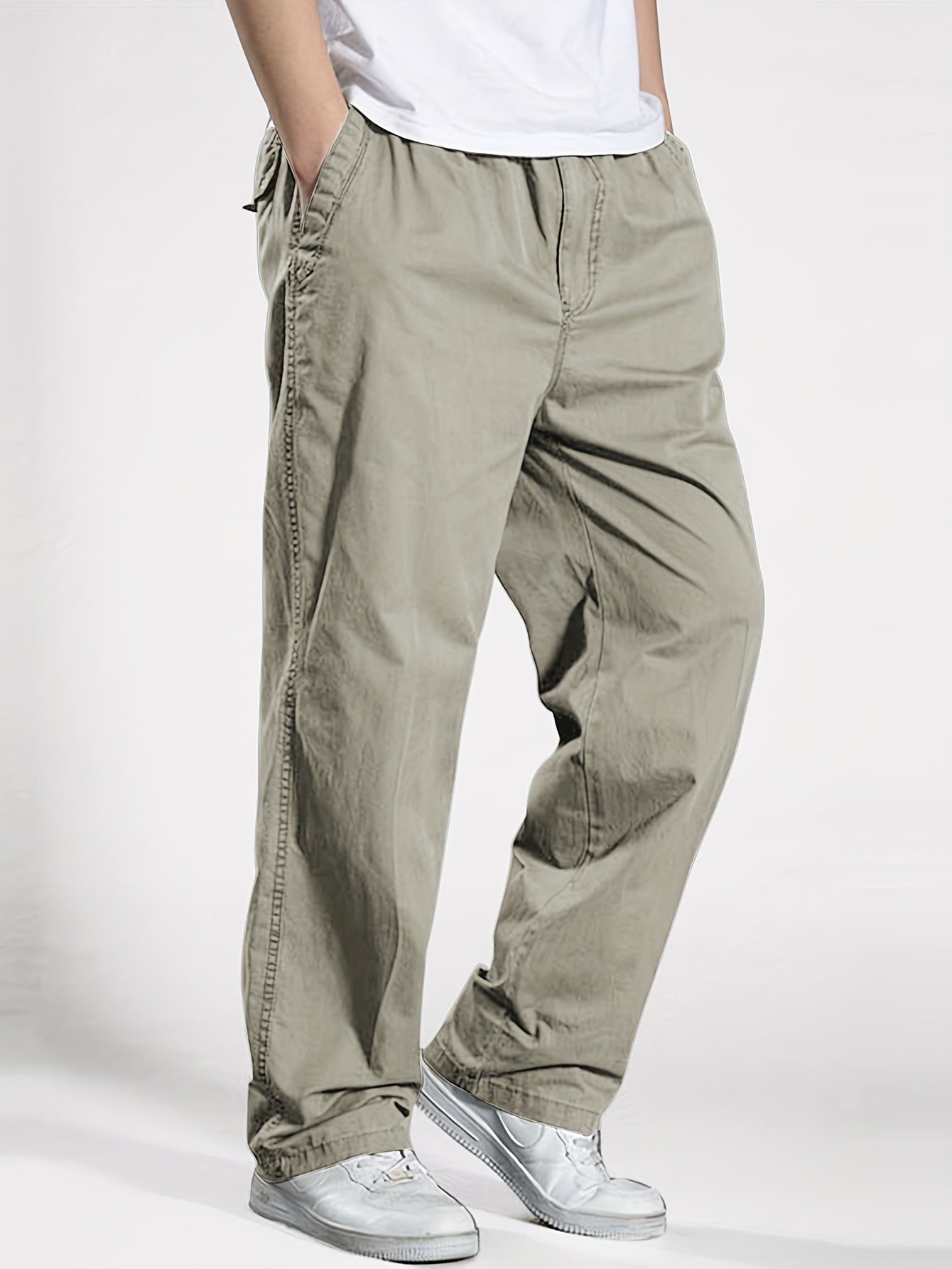 Men's Heavy-Duty 100% Cotton Work Pants - Relaxed Fit Cargo Pants with Elastic Drawstring Waist, Solid Black Casual Workwear for Construction, Everyday & Formal Events - Machine Washable Spring/Fall Trousers, Classic Solid Co