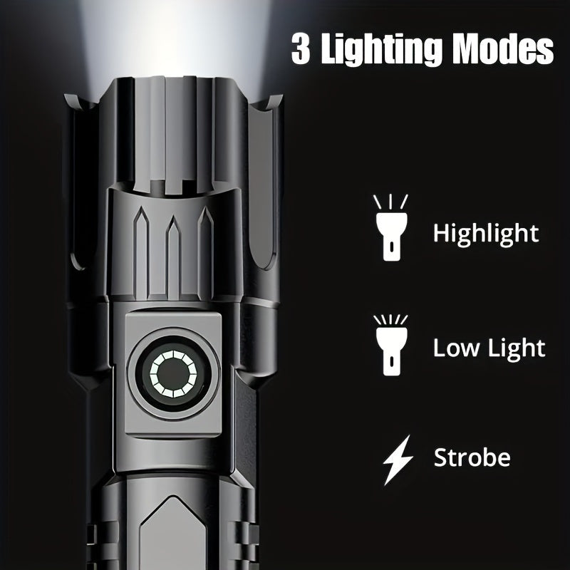 Linterna táctica LED de alto lumen con zoom ajustable y 3 modos de luz. Recargable, ideal para camping, senderismo y emergencias