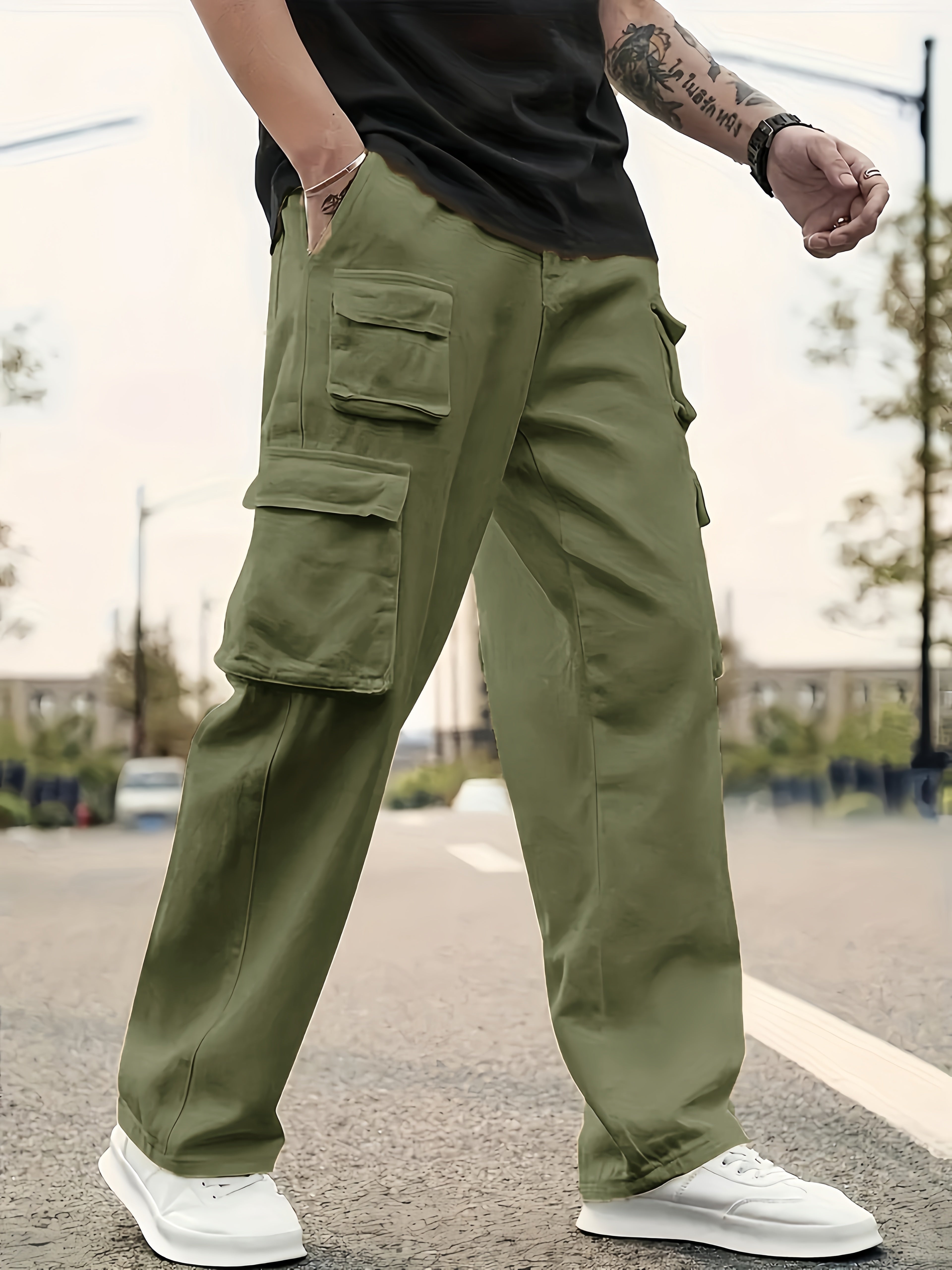 Men's Solid Color Sports Cargo Pants With Drawstrings, Casual Versatile Straight Leg Outdoor Trousers As Gift