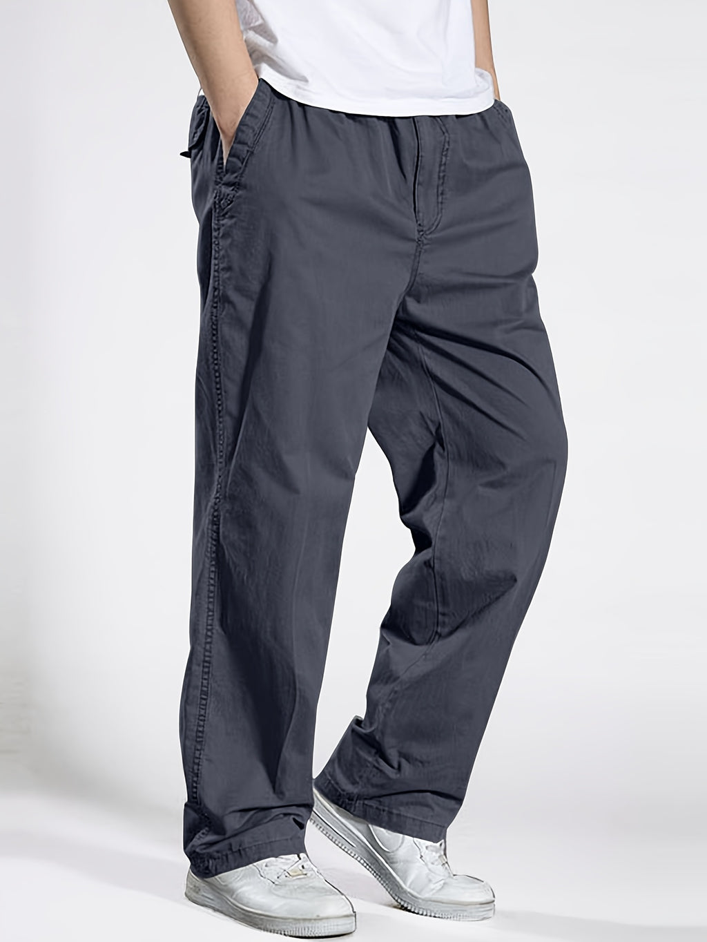 Men's Heavy-Duty 100% Cotton Work Pants - Relaxed Fit Cargo Pants with Elastic Drawstring Waist, Solid Black Casual Workwear for Construction, Everyday & Formal Events - Machine Washable Spring/Fall Trousers, Classic Solid Co