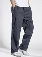Men's Heavy-Duty 100% Cotton Work Pants - Relaxed Fit Cargo Pants with Elastic Drawstring Waist, Solid Black Casual Workwear for Construction, Everyday & Formal Events - Machine Washable Spring/Fall Trousers, Classic Solid Co