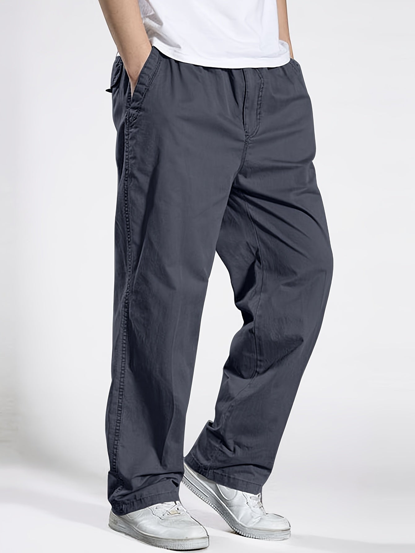 Men's Heavy-Duty 100% Cotton Work Pants - Relaxed Fit Cargo Pants with Elastic Drawstring Waist, Solid Black Casual Workwear for Construction, Everyday & Formal Events - Machine Washable Spring/Fall Trousers, Classic Solid Co