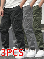 3pcs Men'S Casual Solid Color Joggers - Multiple Flap Pockets, Drawstring Waist, Polyester, Outdoor Work Pants, Jogging Pants