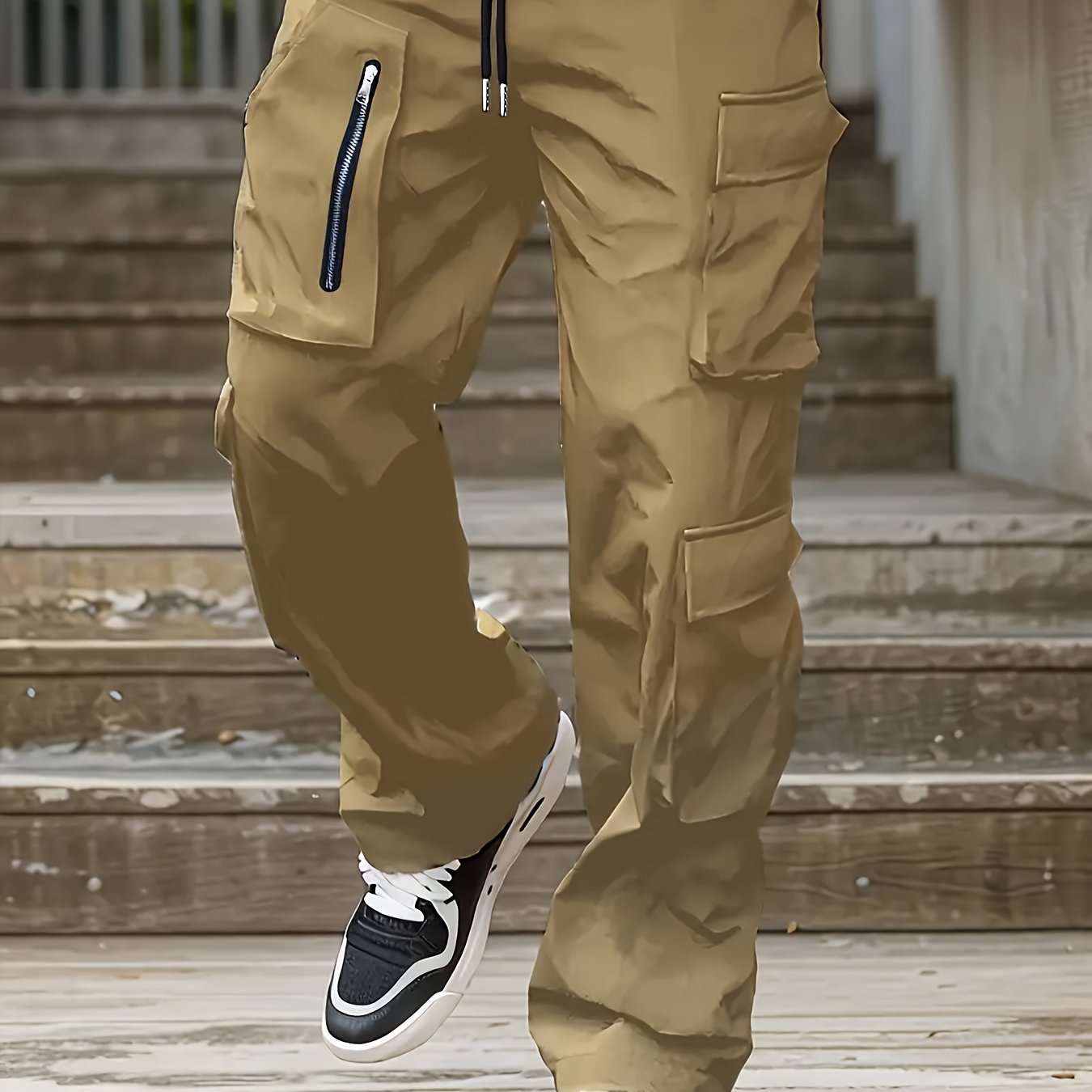 Men'S Fashion Cargo Pants, Polyester 100%, Solid Color, Loose Fit, Straight Leg, Drawstring, Multi-Pocket, Casual Slim Fit, Woven Fabric, 138g/m² - Sports Style
