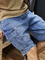 Jeans Cortos Hombre Elásticos | Corte Regular, Múltiples Bolsillos | Vaquero Azul Lavado