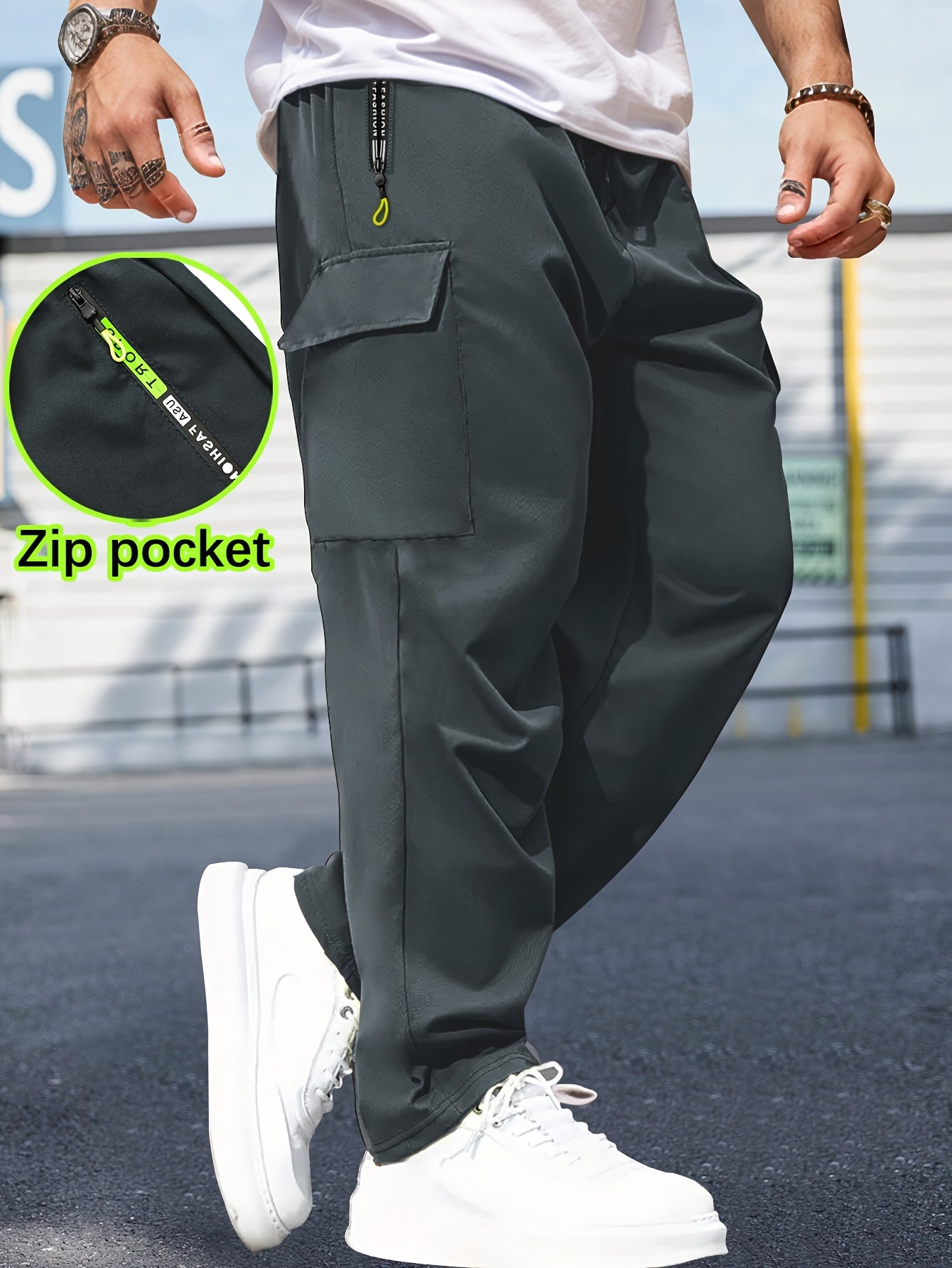 Men'S Casual Cargo Pants with Zipper Pockets - Black, Drawstring Waist, Lightweight, Non-Stretch Fabric, Perfect for Spring & Fall Outdoor Activities, Casual Attire, and Everyday Use, Casual Outdoor Pants | Sporty Style Pants