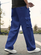 Men's Solid Color Sports Cargo Pants With Drawstrings, Casual Versatile Straight Leg Outdoor Trousers As Gift