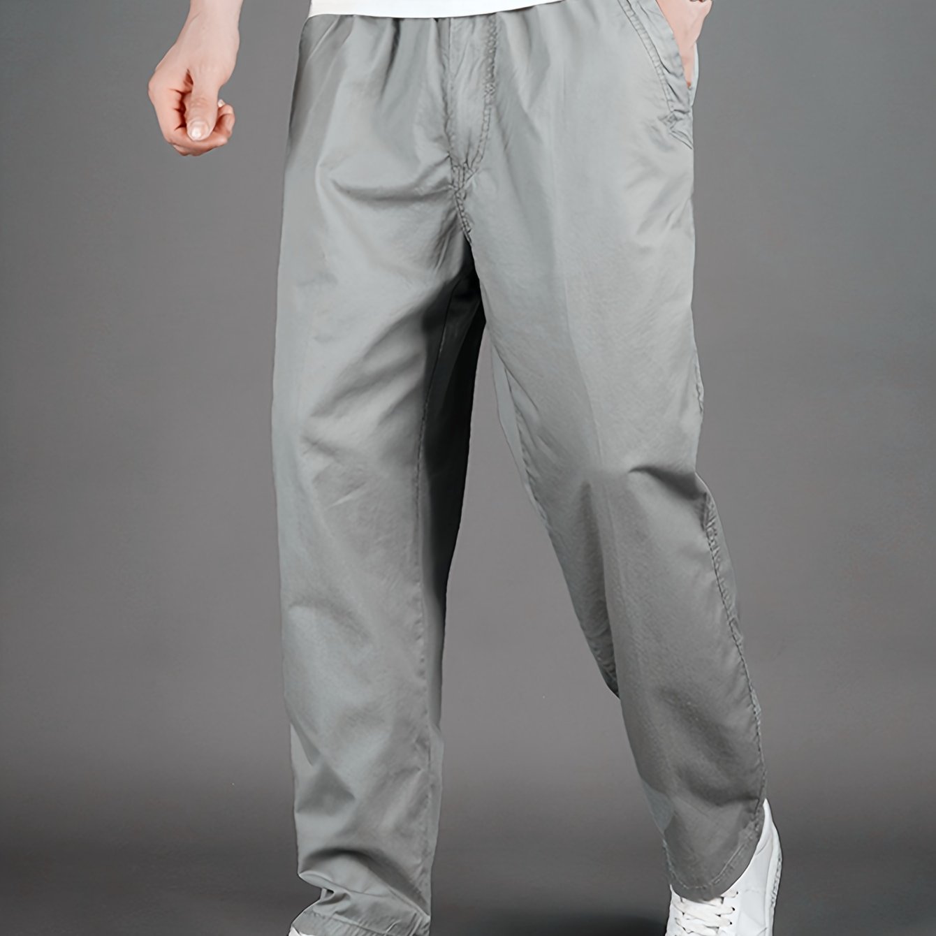 Men'S High-Waisted Straight-Leg Casual Pants - Light Grey Elastic Drawstring Waist, Lightweight All-Season Comfort, Regular Fit Solid Color Trousers for Casual Attire & Light Sports, Comfortable Clothing, Minimalist Design, S