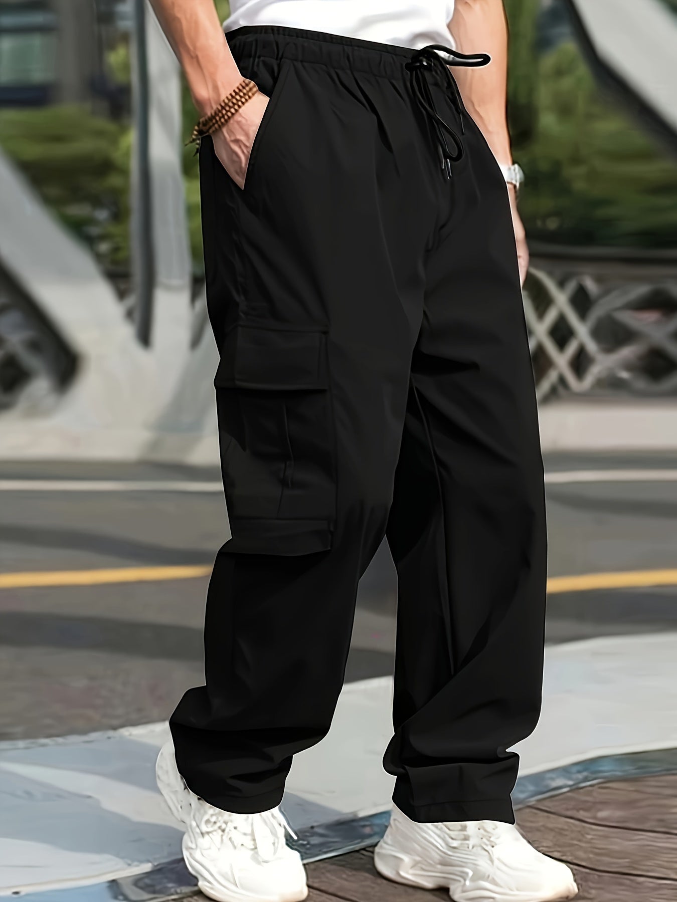 Men's Olive Green Cargo Pants - Lightweight Twill Fabric with Side Pockets, Adjustable Drawstring Waist | Casual Street Style Jogging Gear for All Seasons, Jogging Pants