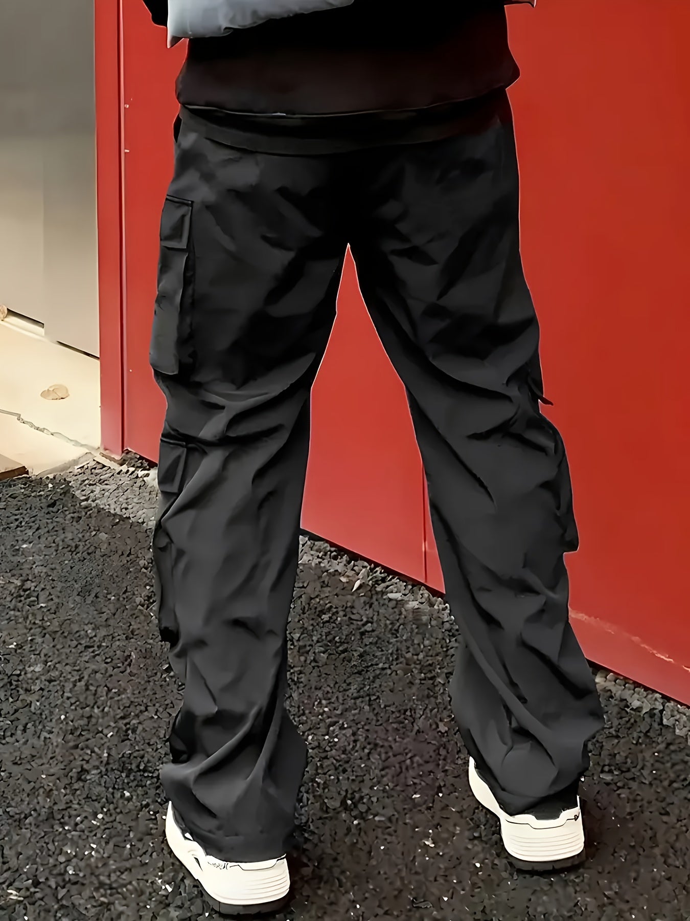Men'S Fashion Cargo Pants, Polyester 100%, Solid Color, Loose Fit, Straight Leg, Drawstring, Multi-Pocket, Casual Slim Fit, Woven Fabric, 138g/m² - Sports Style