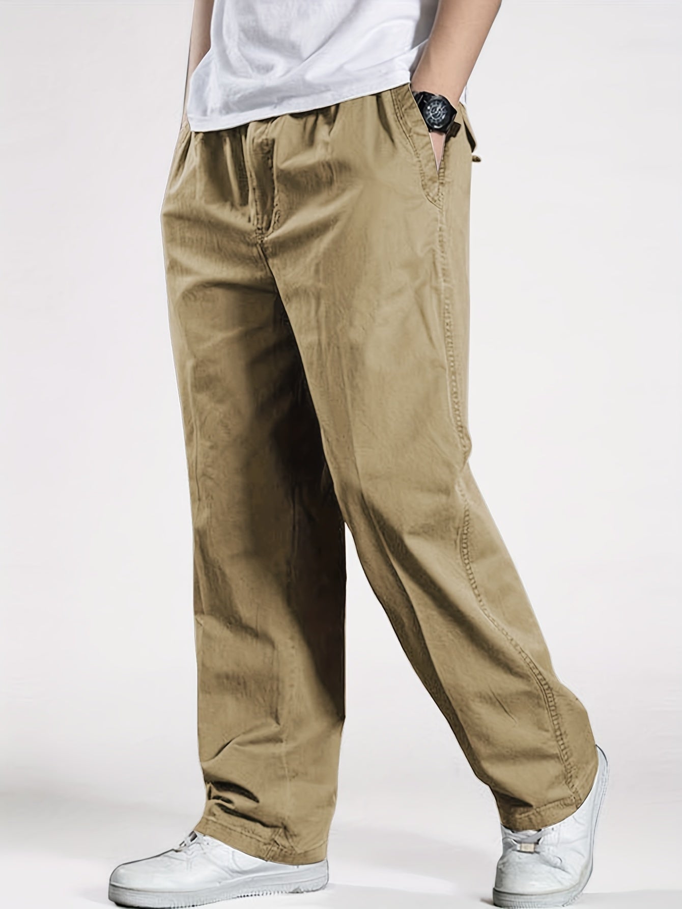 Men's Heavy-Duty 100% Cotton Work Pants - Relaxed Fit Cargo Pants with Elastic Drawstring Waist, Solid Black Casual Workwear for Construction, Everyday & Formal Events - Machine Washable Spring/Fall Trousers, Classic Solid Co