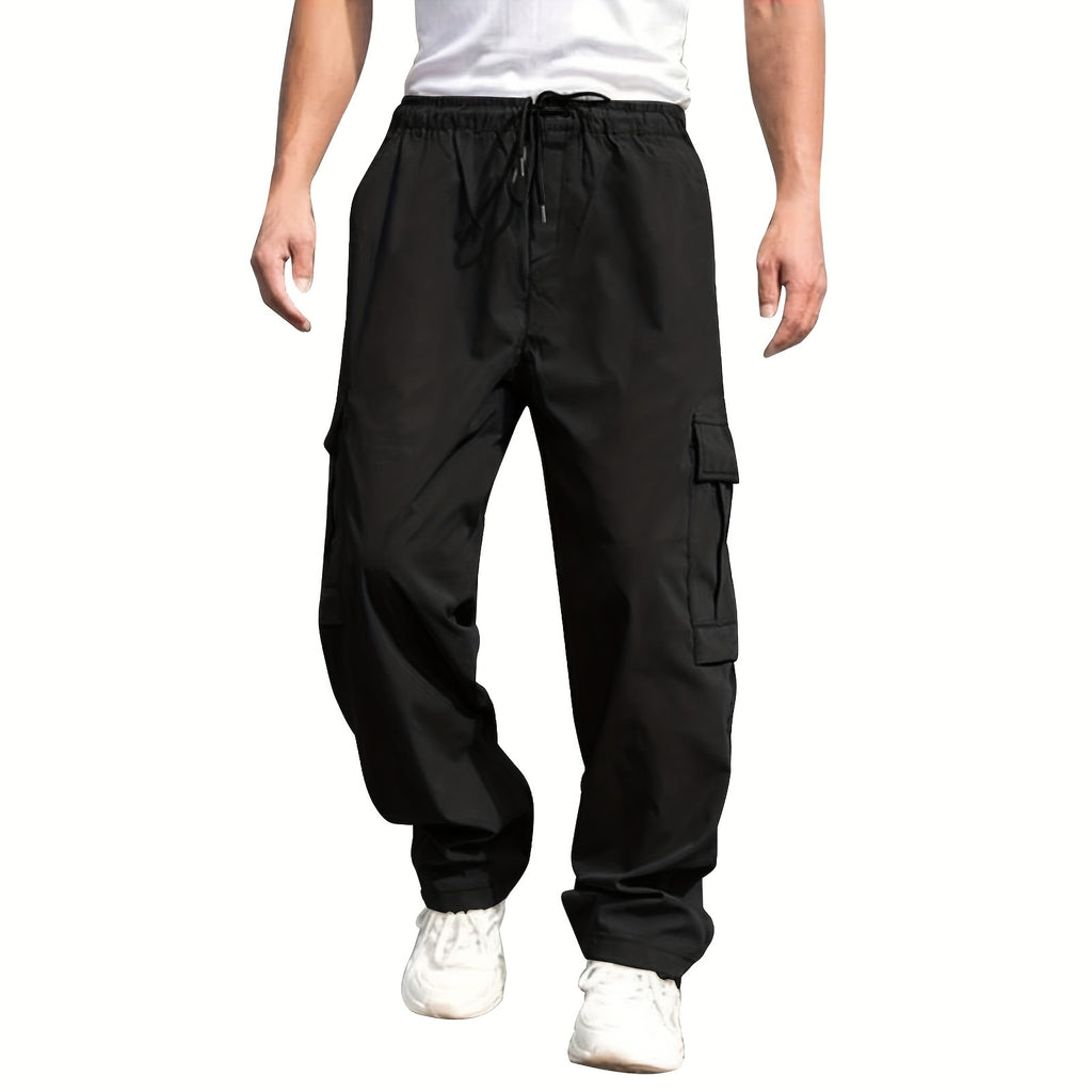 Men'S Casual Cargo Pants - Loose Fit, Straight Leg, Multi-Pocket Design, Drawstring Waist, Polyester Fabric, Ideal for Spring & Fall Workouts, Casual Wear Pants|Loose Fit Pants|Polyester Pants