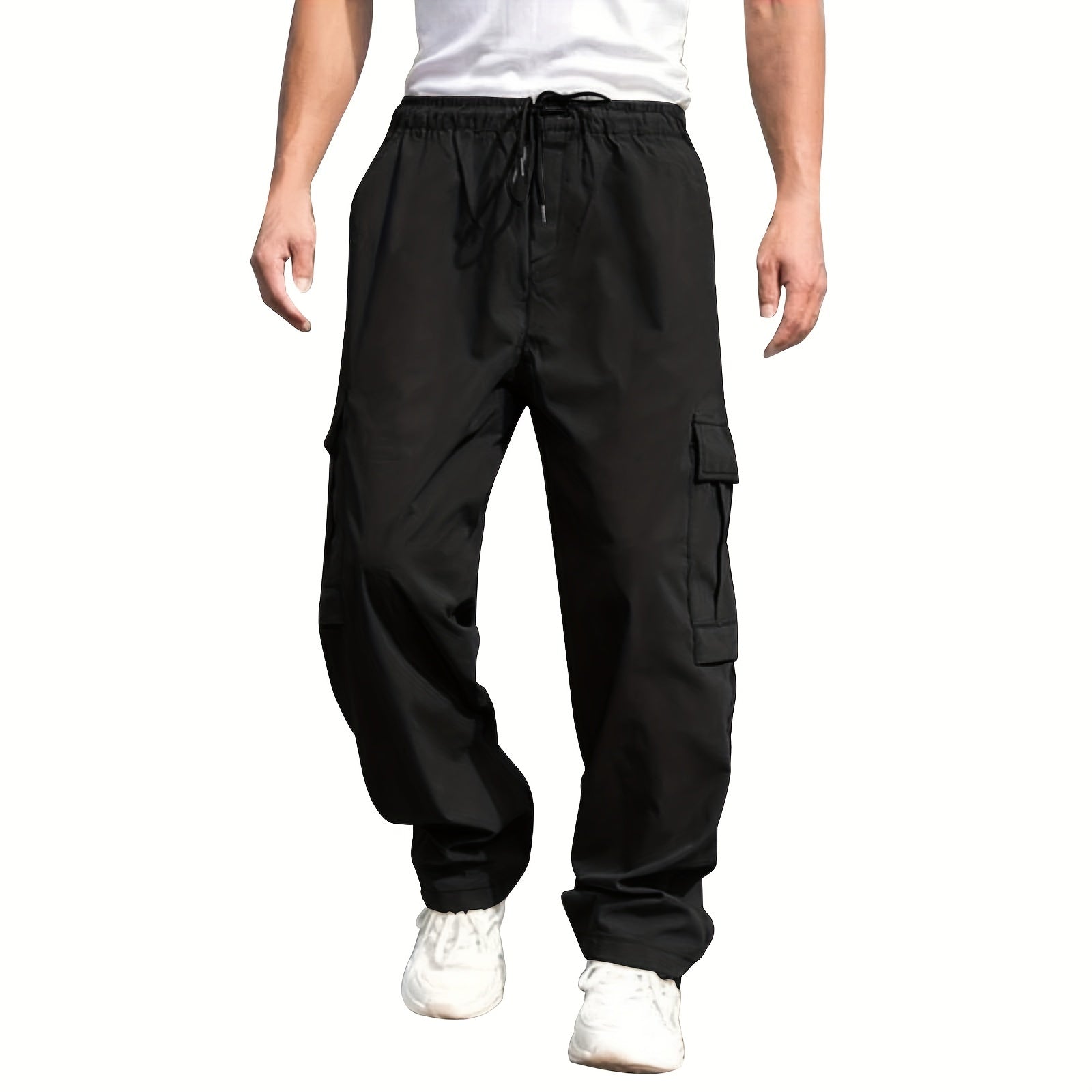 Men'S Casual Cargo Pants - Loose Fit, Straight Leg, Multi-Pocket Design, Drawstring Waist, Polyester Fabric, Ideal for Spring & Fall Workouts, Casual Wear Pants|Loose Fit Pants|Polyester Pants