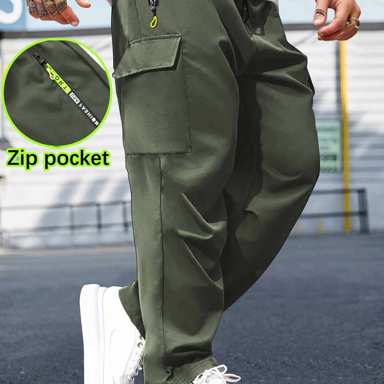Men'S Casual Cargo Pants with Zipper Pockets - Black, Drawstring Waist, Lightweight, Non-Stretch Fabric, Perfect for Spring & Fall Outdoor Activities, Casual Attire, and Everyday Use, Casual Outdoor Pants | Sporty Style Pants