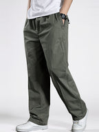 Men's Heavy-Duty 100% Cotton Work Pants - Relaxed Fit Cargo Pants with Elastic Drawstring Waist, Solid Black Casual Workwear for Construction, Everyday & Formal Events - Machine Washable Spring/Fall Trousers, Classic Solid Co
