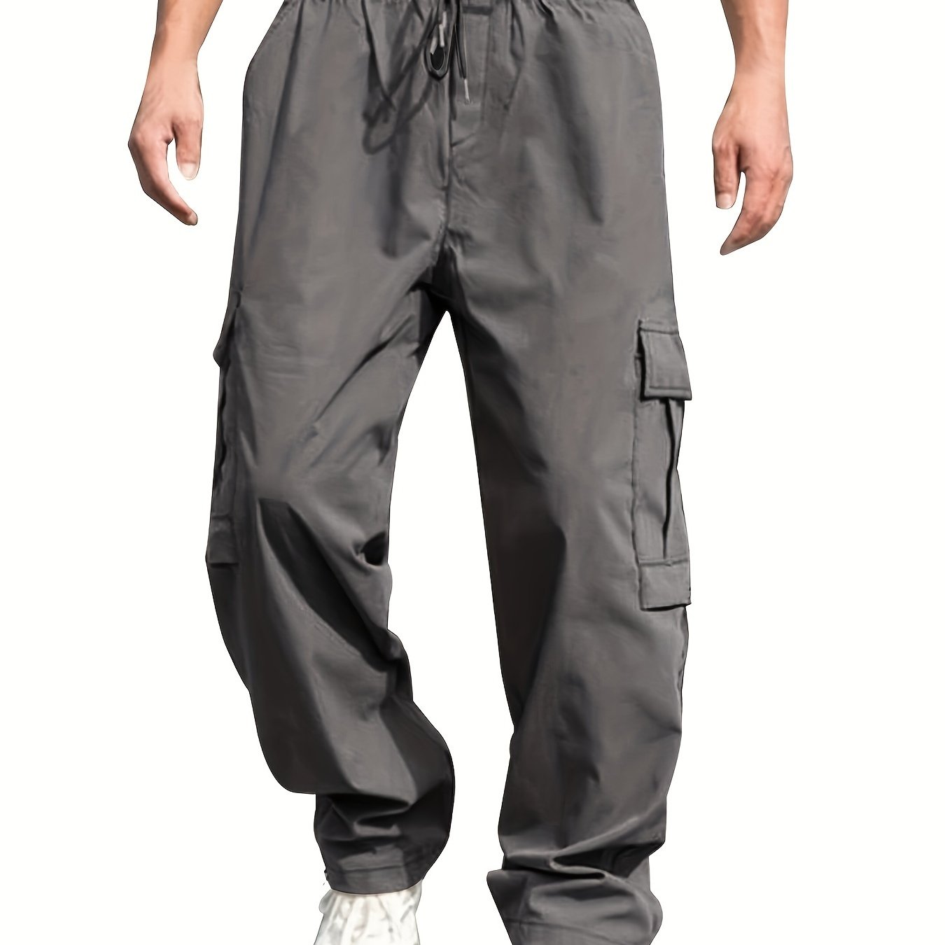 Men'S Casual Cargo Pants - Loose Fit, Straight Leg, Multi-Pocket Design, Drawstring Waist, Polyester Fabric, Ideal for Spring & Fall Workouts, Casual Wear Pants|Loose Fit Pants|Polyester Pants