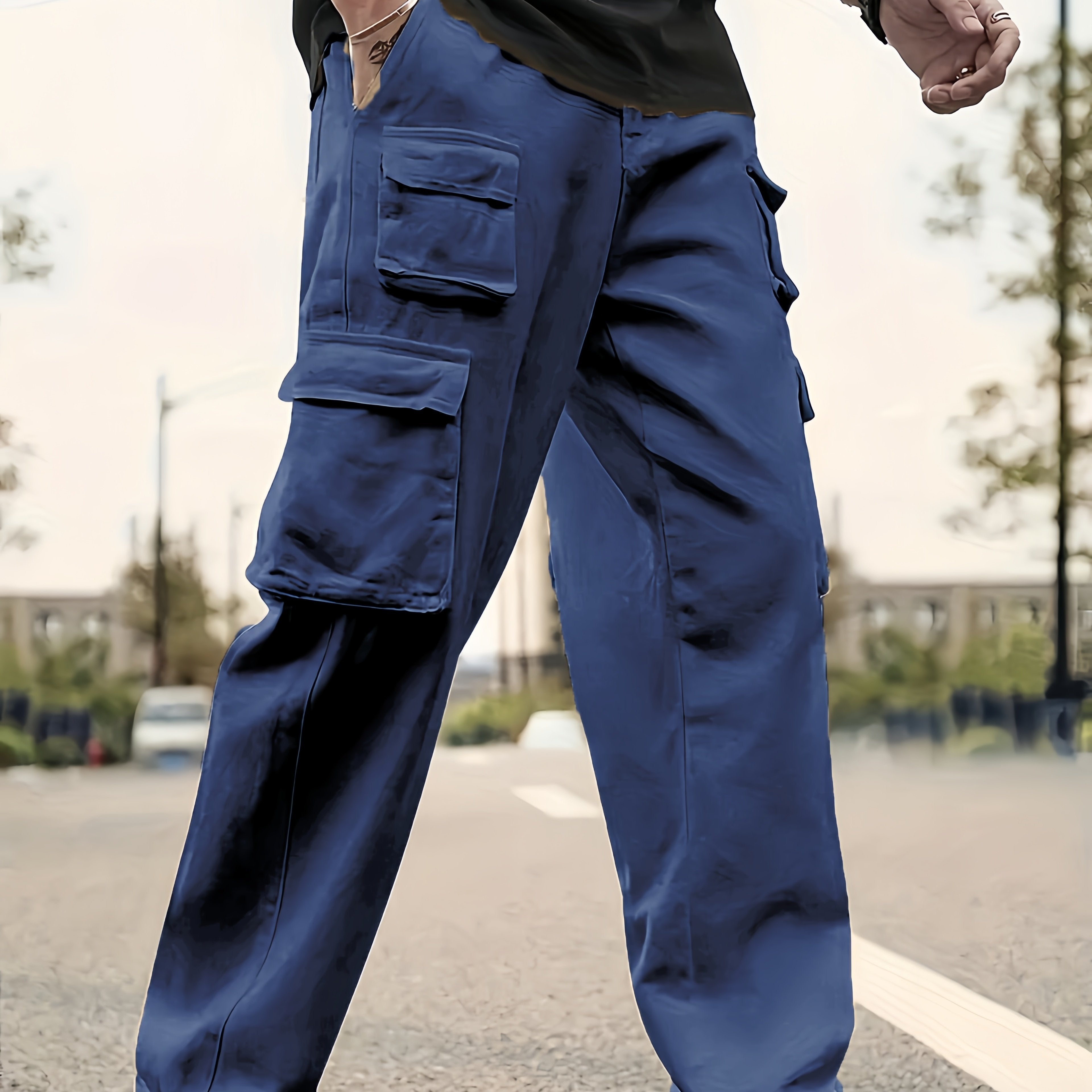 Men's Solid Color Sports Cargo Pants With Drawstrings, Casual Versatile Straight Leg Outdoor Trousers As Gift