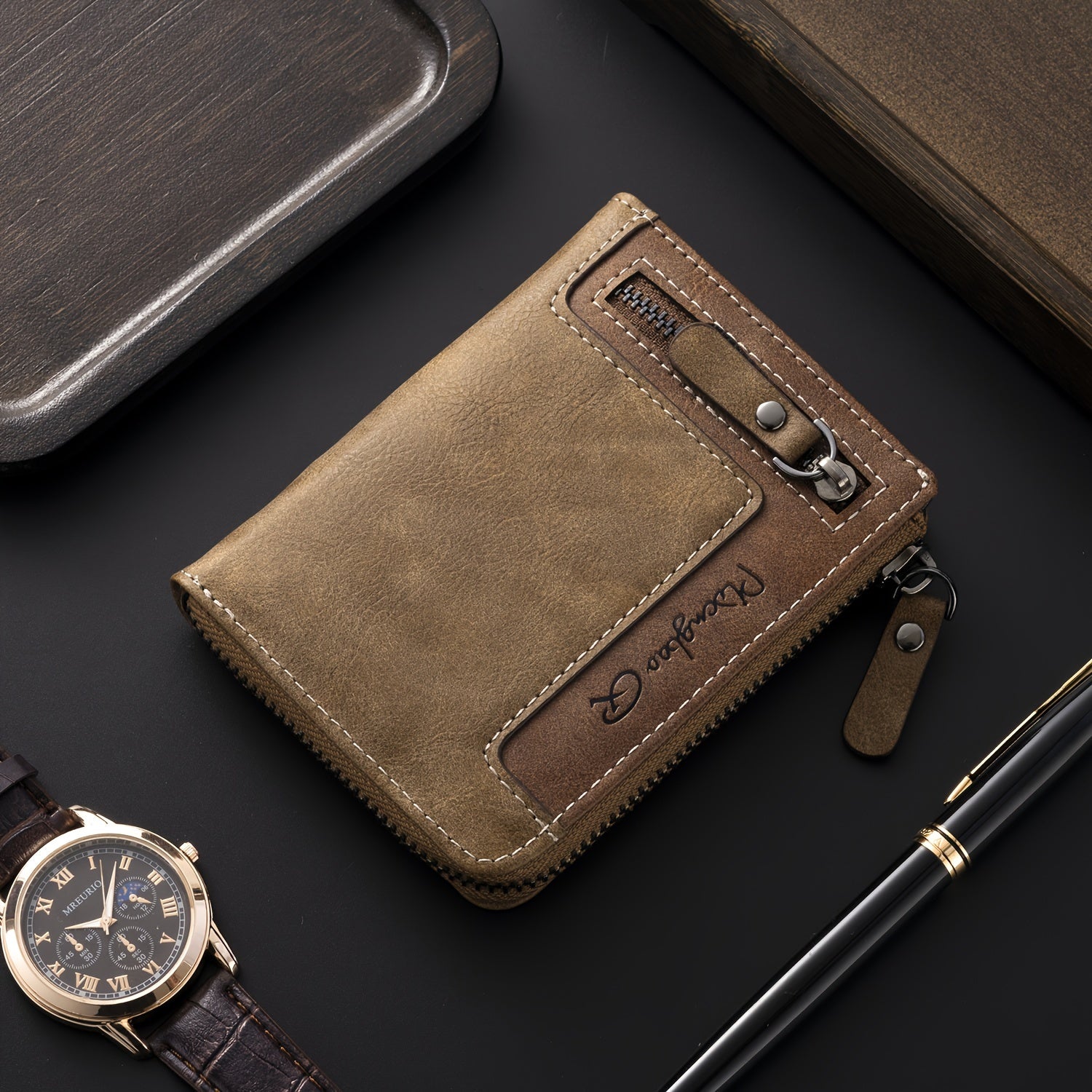 Cartera de hombre retro de piel sintética con cremallera y tarjetero.