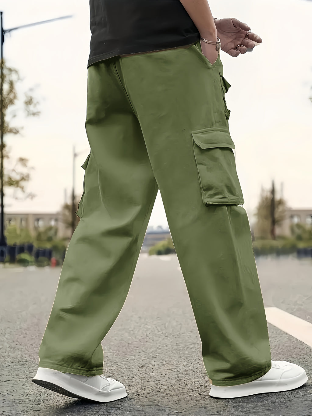 Men's Solid Color Sports Cargo Pants With Drawstrings, Casual Versatile Straight Leg Outdoor Trousers As Gift