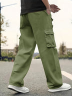 Men's Solid Color Sports Cargo Pants With Drawstrings, Casual Versatile Straight Leg Outdoor Trousers As Gift
