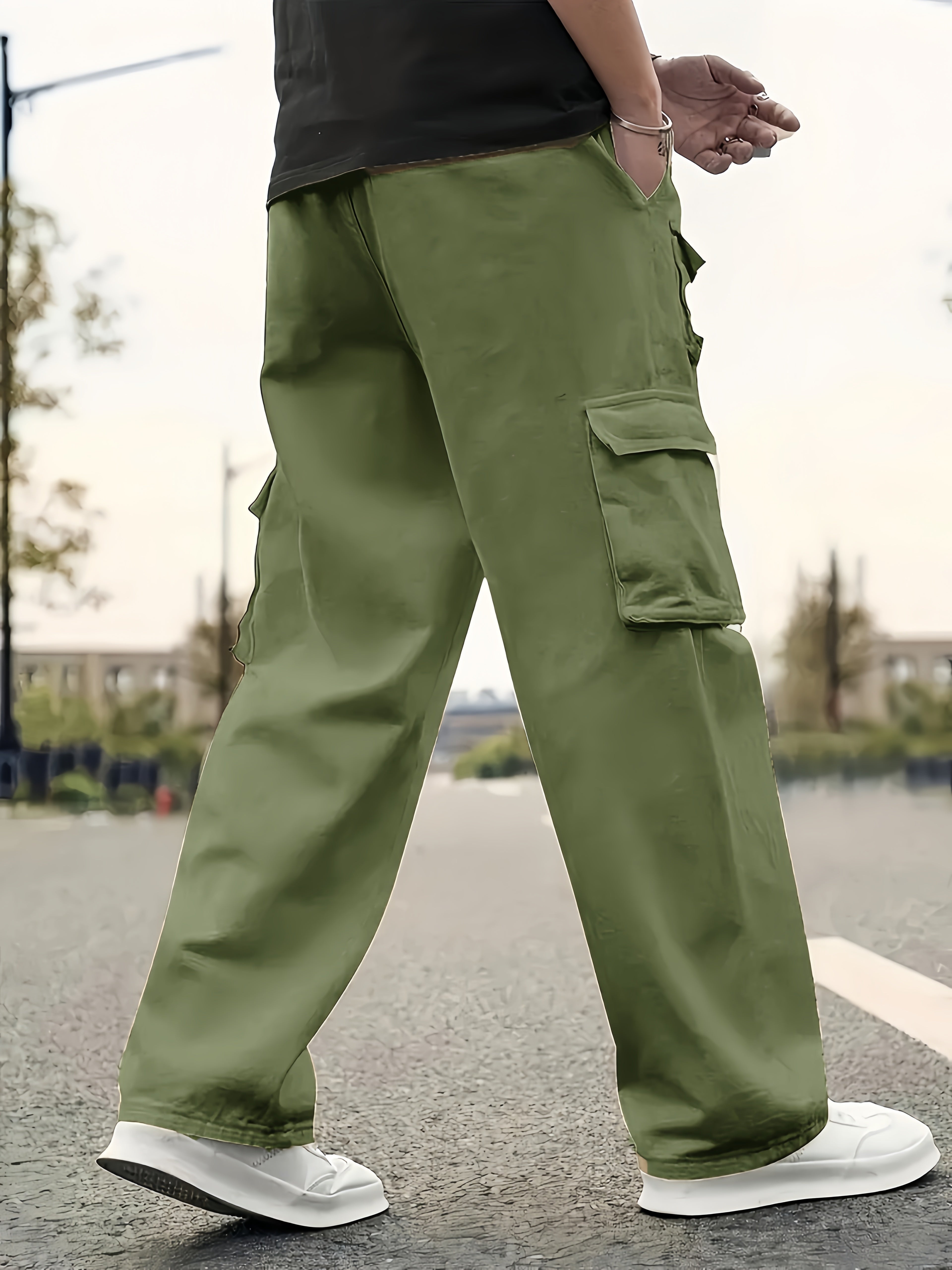Men's Solid Color Sports Cargo Pants With Drawstrings, Casual Versatile Straight Leg Outdoor Trousers As Gift