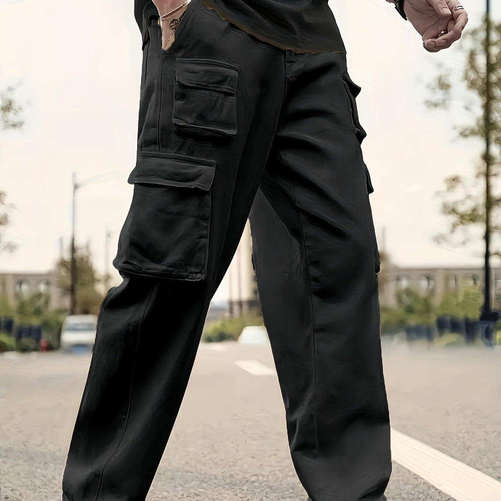 Men's Solid Color Sports Cargo Pants With Drawstrings, Casual Versatile Straight Leg Outdoor Trousers As Gift