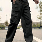 Men's Solid Color Sports Cargo Pants With Drawstrings, Casual Versatile Straight Leg Outdoor Trousers As Gift