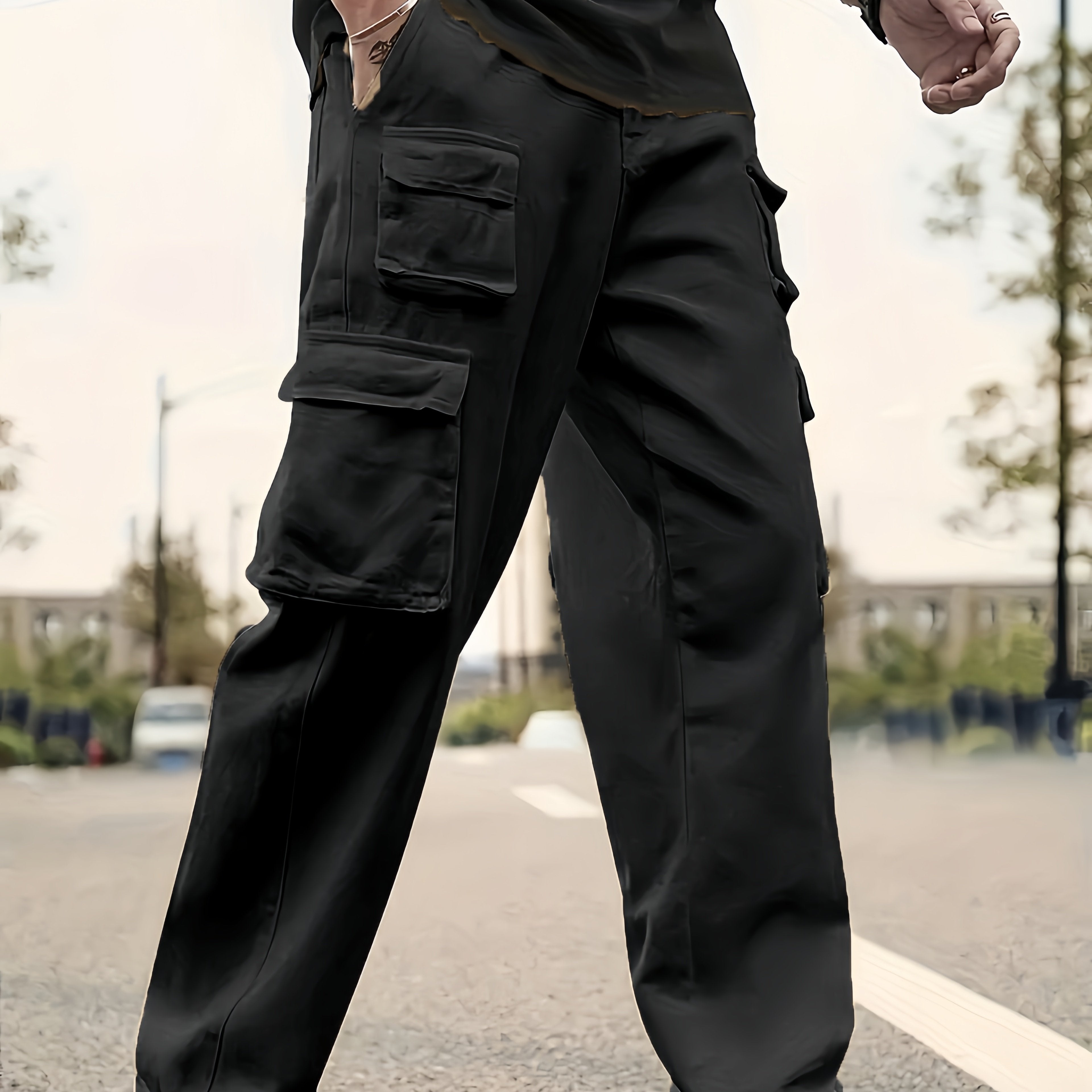 Men's Solid Color Sports Cargo Pants With Drawstrings, Casual Versatile Straight Leg Outdoor Trousers As Gift