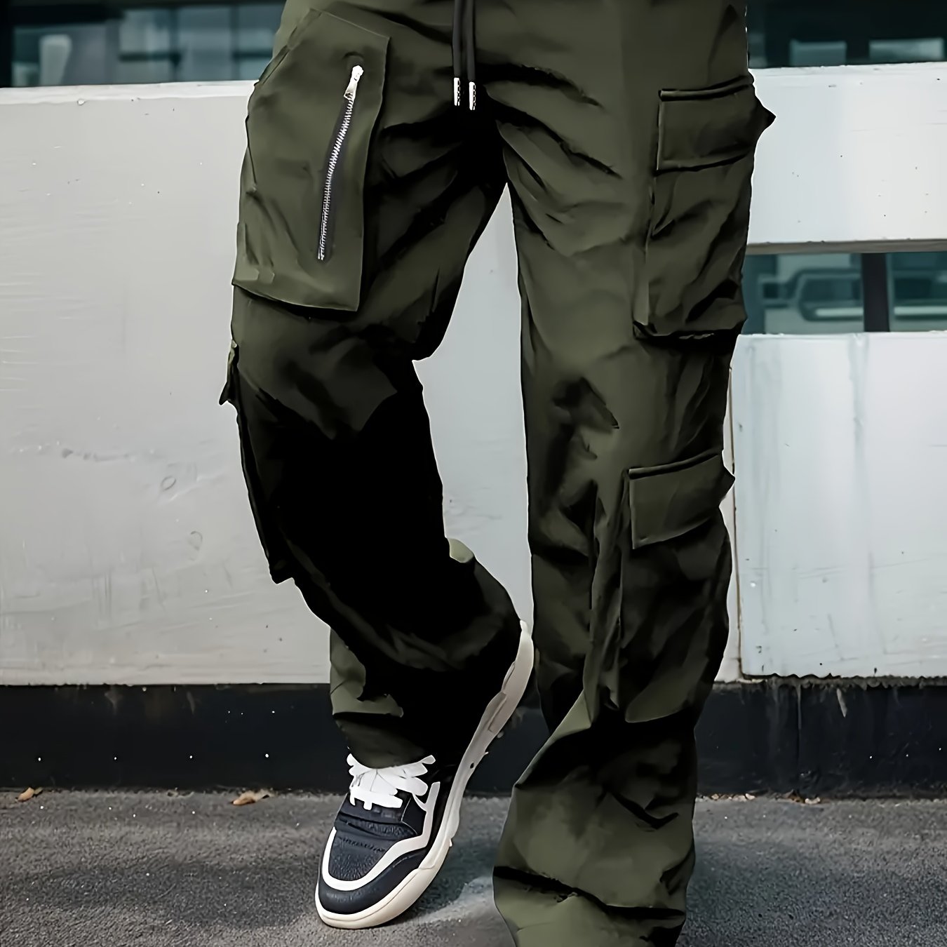 Men'S Fashion Cargo Pants, Polyester 100%, Solid Color, Loose Fit, Straight Leg, Drawstring, Multi-Pocket, Casual Slim Fit, Woven Fabric, 138g/m² - Sports Style