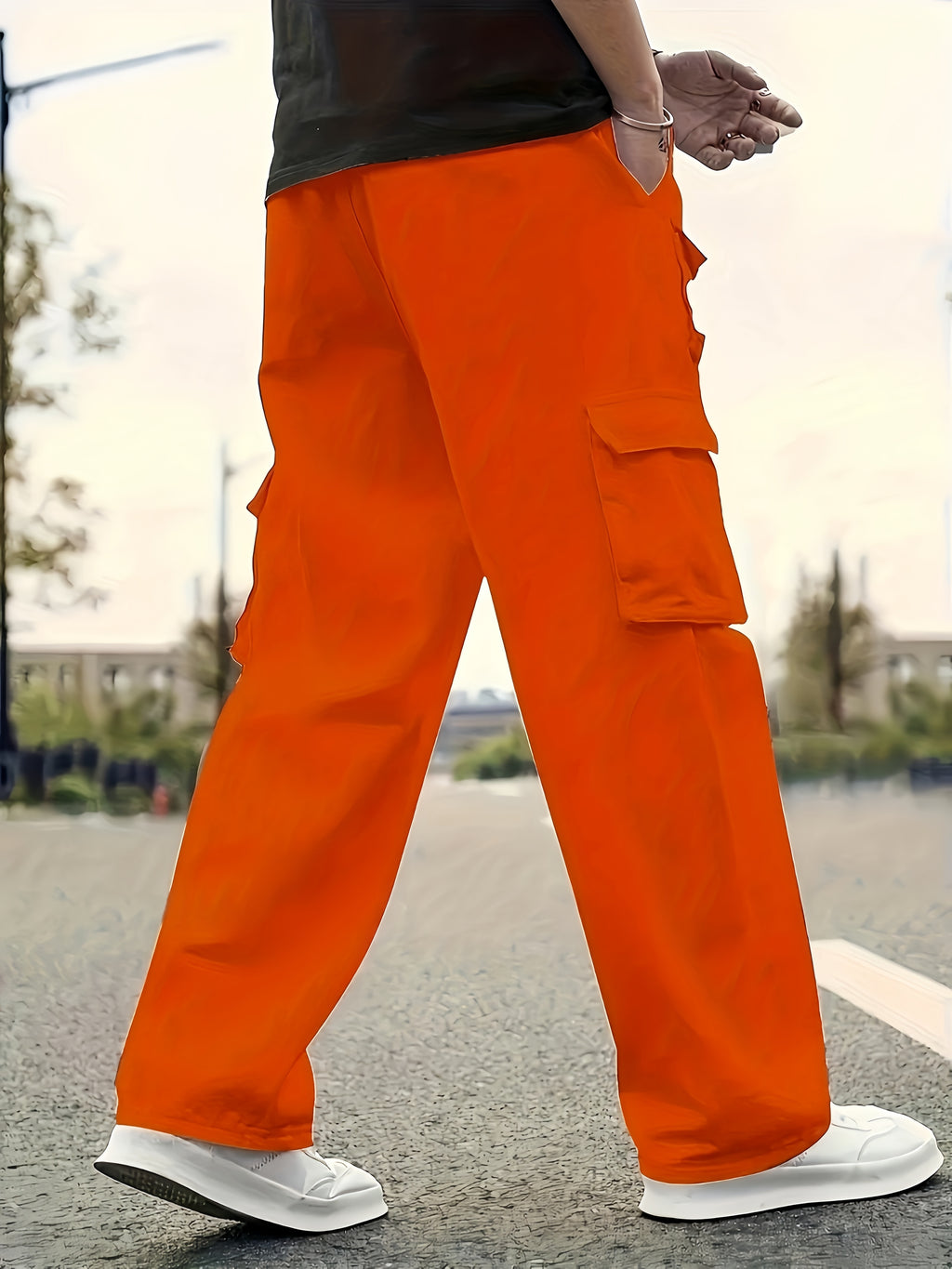Men's Solid Color Sports Cargo Pants With Drawstrings, Casual Versatile Straight Leg Outdoor Trousers As Gift