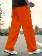 Men's Solid Color Sports Cargo Pants With Drawstrings, Casual Versatile Straight Leg Outdoor Trousers As Gift