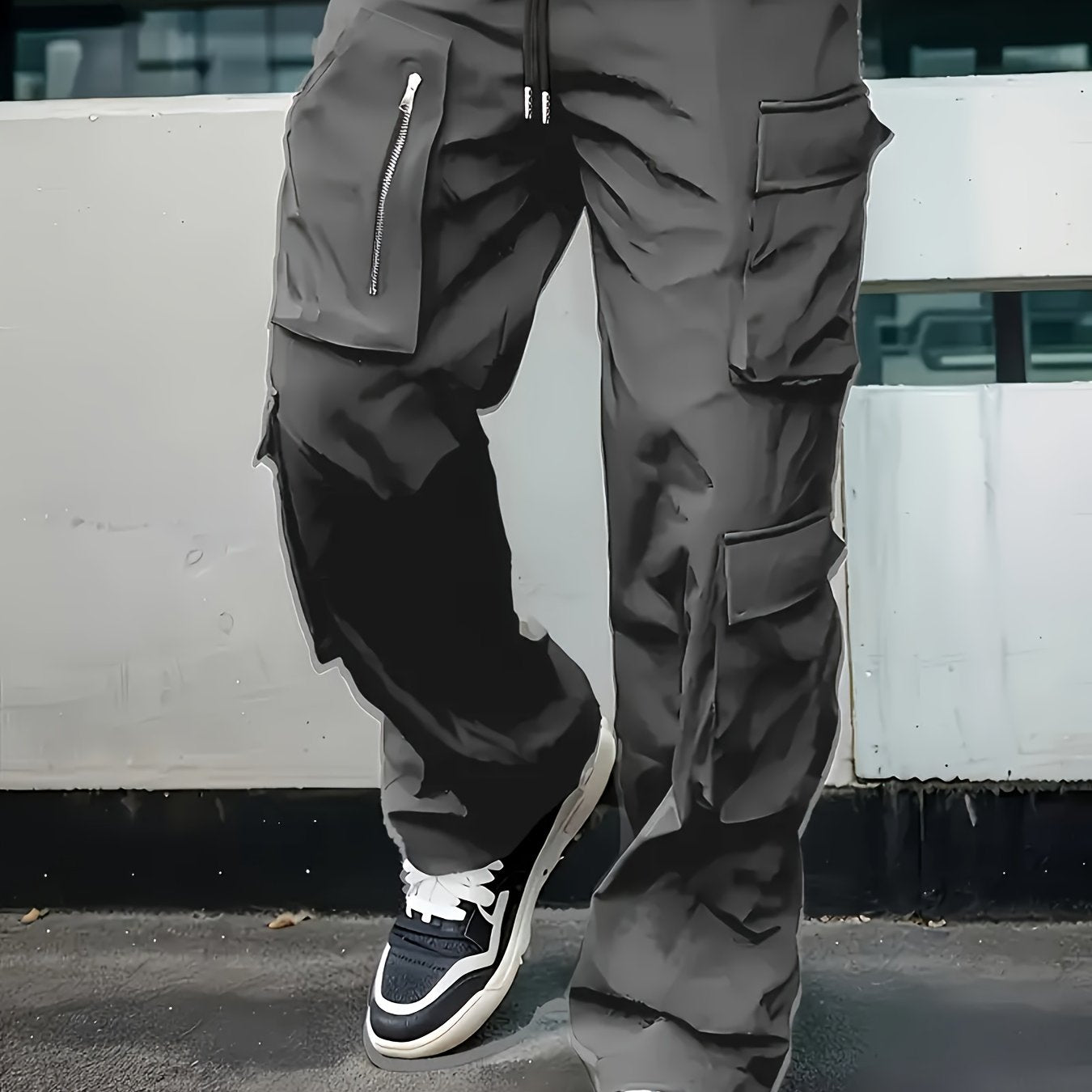 Men'S Fashion Cargo Pants, Polyester 100%, Solid Color, Loose Fit, Straight Leg, Drawstring, Multi-Pocket, Casual Slim Fit, Woven Fabric, 138g/m² - Sports Style