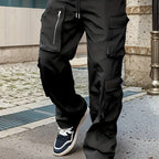 Men'S Fashion Cargo Pants, Polyester 100%, Solid Color, Loose Fit, Straight Leg, Drawstring, Multi-Pocket, Casual Slim Fit, Woven Fabric, 138g/m² - Sports Style