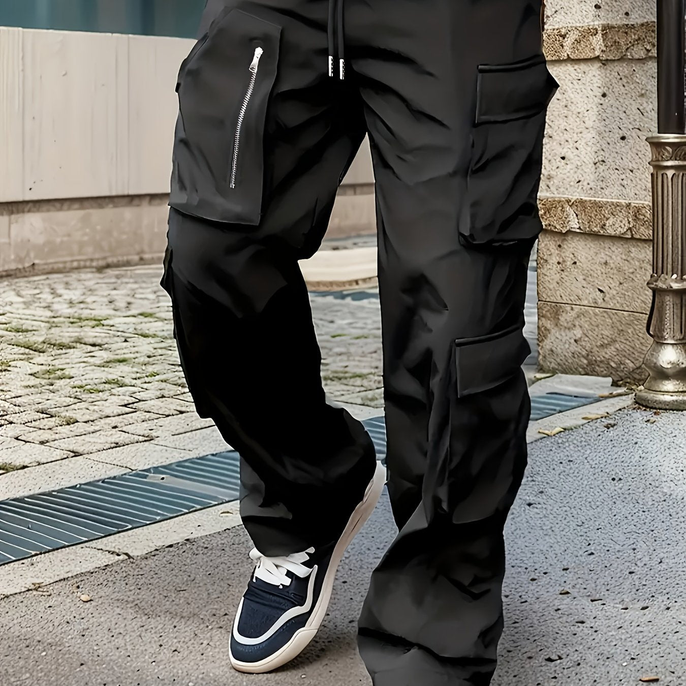 Men'S Fashion Cargo Pants, Polyester 100%, Solid Color, Loose Fit, Straight Leg, Drawstring, Multi-Pocket, Casual Slim Fit, Woven Fabric, 138g/m² - Sports Style