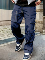 Men'S Fashion Cargo Pants, Polyester 100%, Solid Color, Loose Fit, Straight Leg, Drawstring, Multi-Pocket, Casual Slim Fit, Woven Fabric, 138g/m² - Sports Style