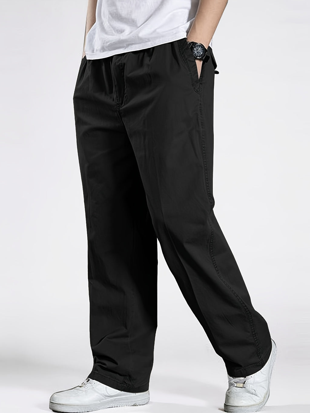 Men's Heavy-Duty 100% Cotton Work Pants - Relaxed Fit Cargo Pants with Elastic Drawstring Waist, Solid Black Casual Workwear for Construction, Everyday & Formal Events - Machine Washable Spring/Fall Trousers, Classic Solid Co