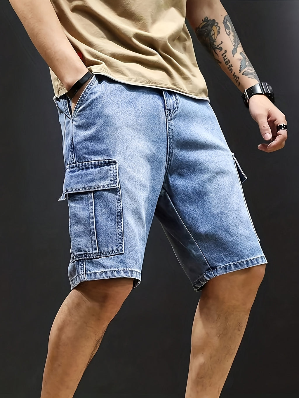 Jeans Cortos Hombre Elásticos | Corte Regular, Múltiples Bolsillos | Vaquero Azul Lavado