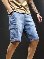 Jeans Cortos Hombre Elásticos | Corte Regular, Múltiples Bolsillos | Vaquero Azul Lavado