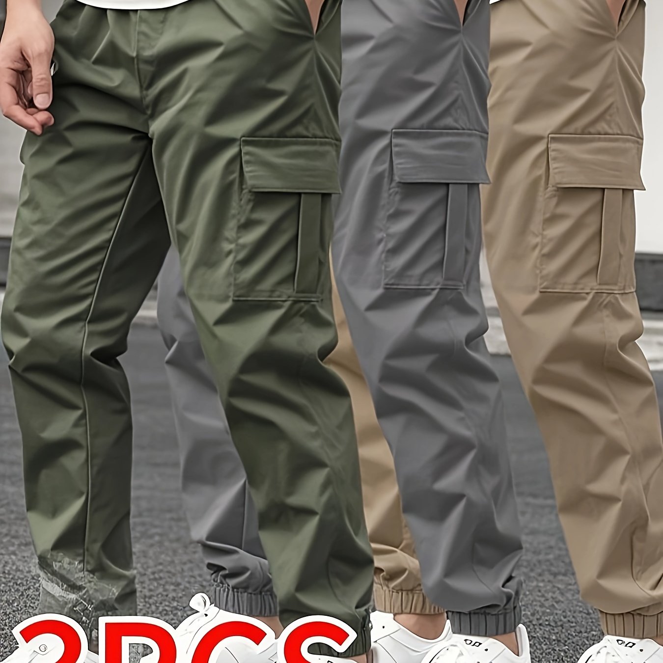3pcs Men'S Casual Solid Color Joggers - Multiple Flap Pockets, Drawstring Waist, Polyester, Outdoor Work Pants, Jogging Pants