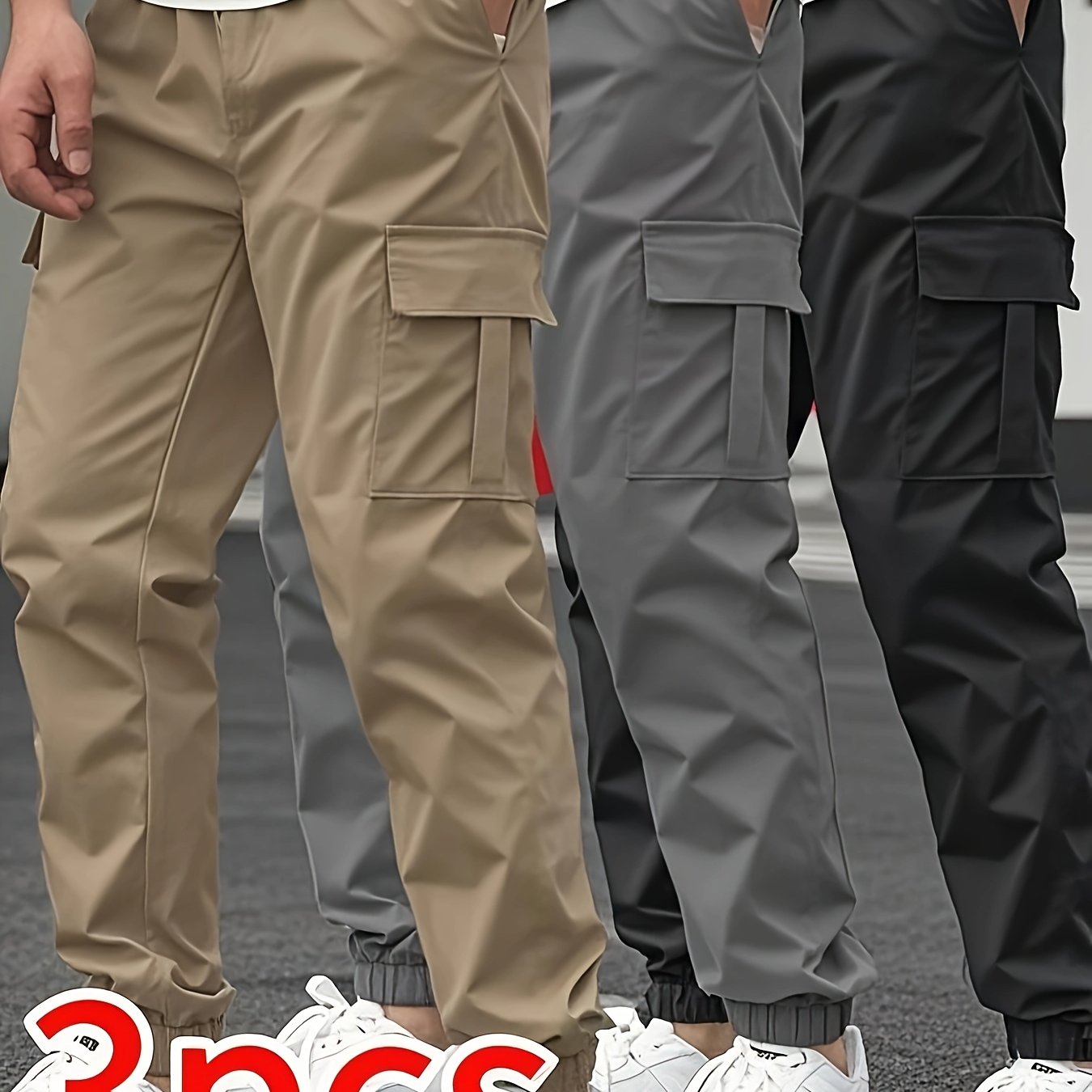 3pcs Men'S Casual Solid Color Joggers - Multiple Flap Pockets, Drawstring Waist, Polyester, Outdoor Work Pants, Jogging Pants