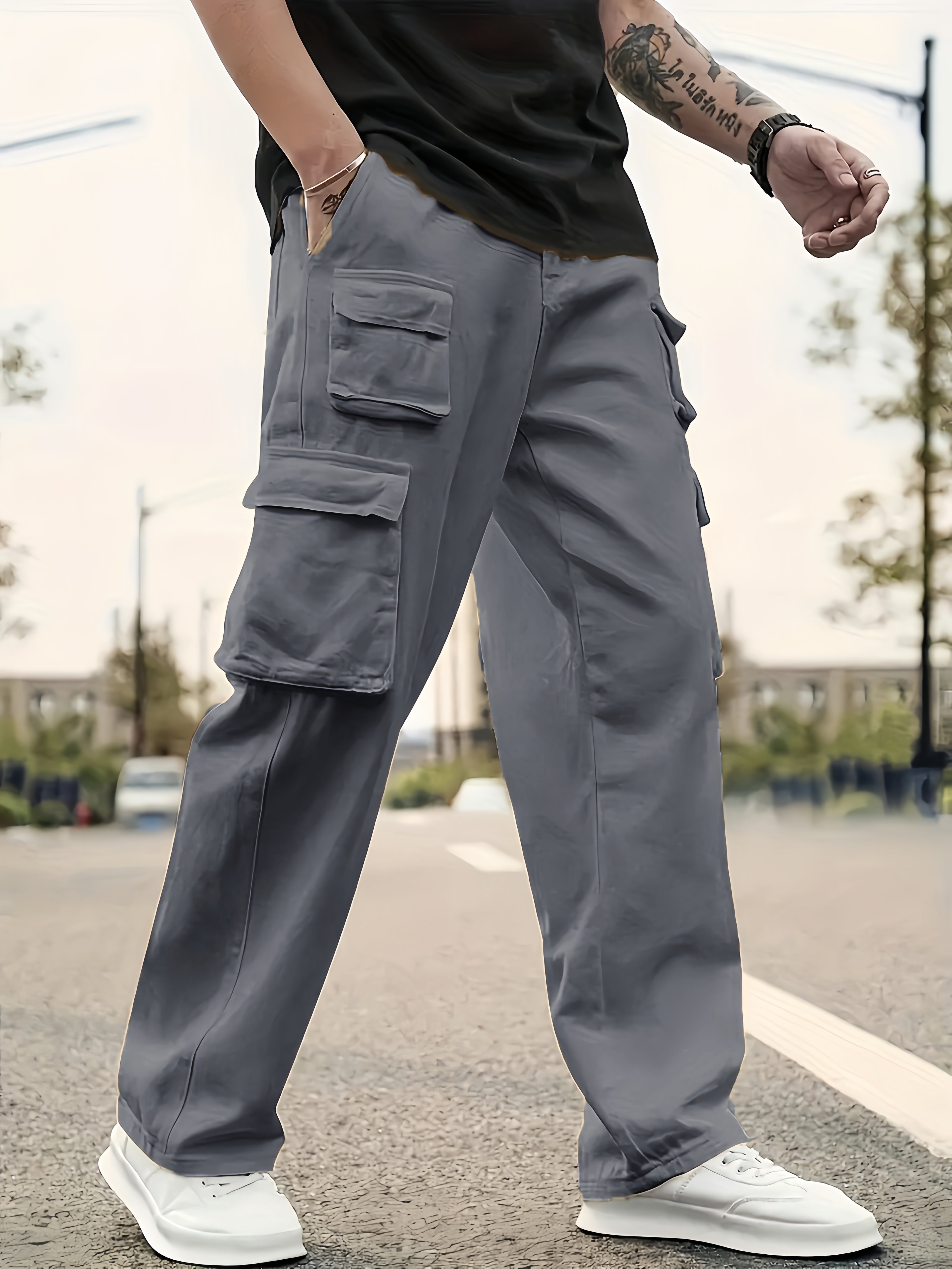 Men's Solid Color Sports Cargo Pants With Drawstrings, Casual Versatile Straight Leg Outdoor Trousers As Gift