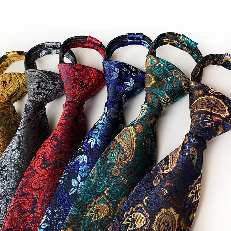Siete corbatas de seda con estampados detallados y colores oscuros, alineadas para mostrar la colección de accesorios formales.
