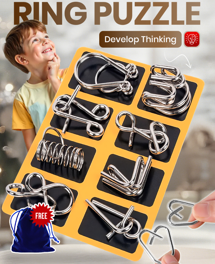 8 unids/set juego de anillos de rompecabezas de Metal juego de rompecabezas inteligente anillo y hebilla liberación IQ rompecabezas juguetes para niños adultos desarrollo cerebral
