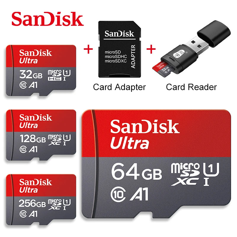 Oferta de tarjetas de memoria SanDisk Ultra MicroSD de 32GB, 64GB, 128GB y 256GB. Incluye adaptador SD y lector USB. Accesorios de tecnología para TicoTrendy.